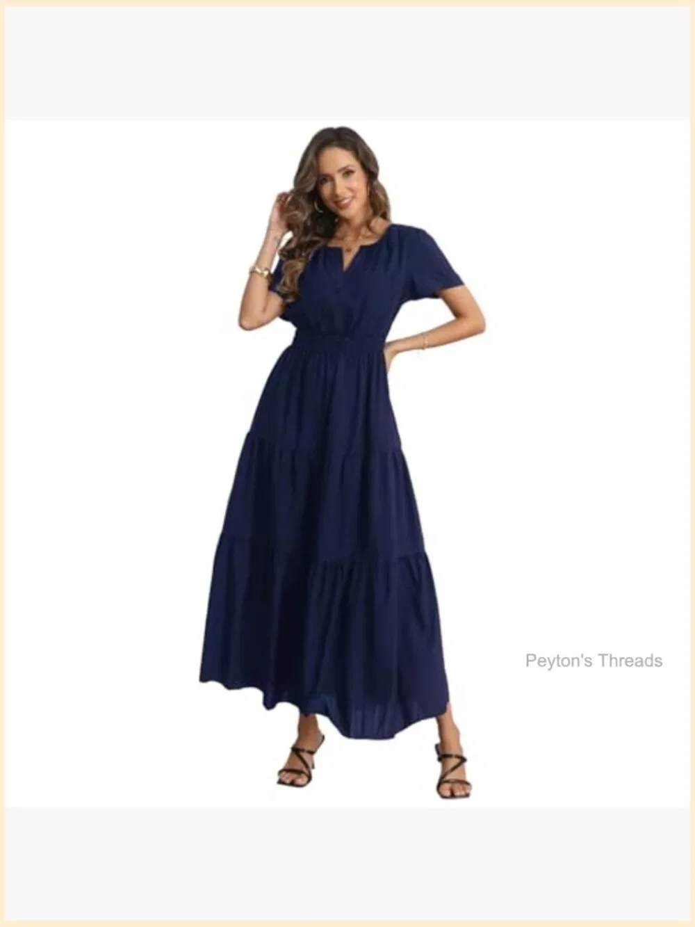 Maxi Dress with Pockets Short Sleeve V-Neck Elastic Waist Boho Casual - Picture 3 of 7